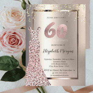 Convite Vestido Lantejoulas Dourado Rosa Aniversário de 60