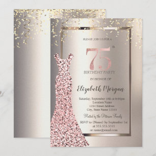 Convite Vestido Lantejoulas Dourado Rosa Aniversário de 75