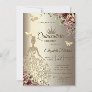 Convite Vestido Lantejoulas, Flor de Borboleta Dourada Qui