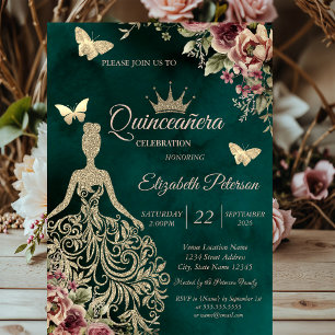 Convite Vestido Lantejoulas, Flor de Borboleta Verde Quinc