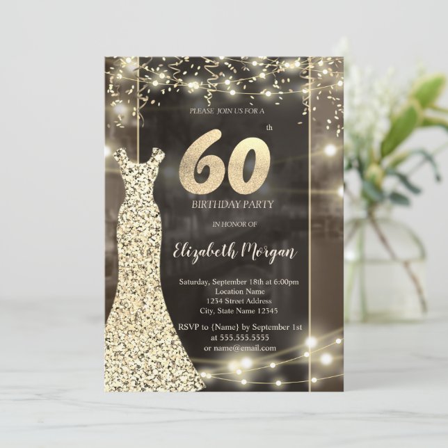 Convite Vestido Lantejoulas Luzes de Corda Aniversário de  (Em pé/Frente)