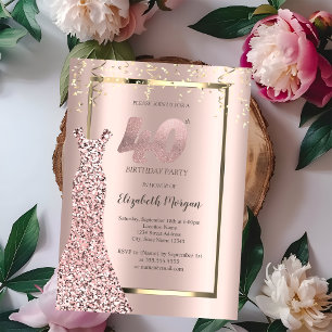 Convite Vestido Lantejoulas Rosa Dourado Aniversário de 40