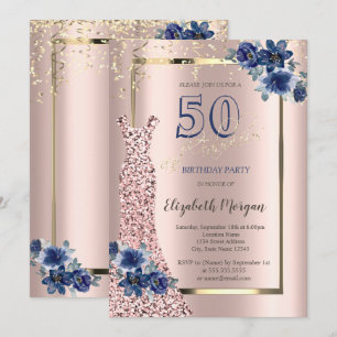 Convite Vestido Lantejoulas Rosa Dourado, Flores Azuis 50º
