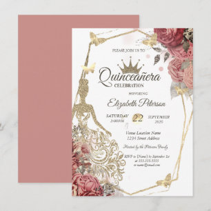 Convite Vestido Lantejoulas, Rosas Beijo de Borboleta Quin