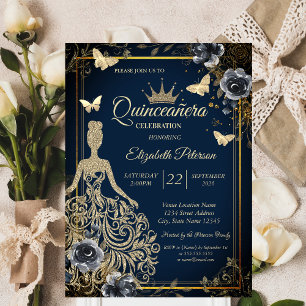 Convite Vestido Lantejoulas, Rosas Borboleta Azul MarinhoQ