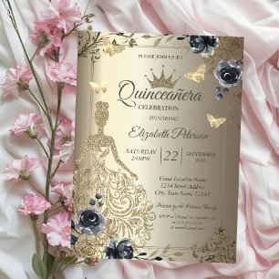 Convite Vestido Lantejoulas, Rosas Borboleta Dourado Quinc