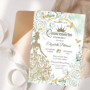 Convite Vestido Lantejoulas, Rosas Borboleta Verde Quincea