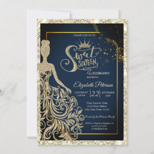 Convite Vestido Lantejoulas, Tiara Azul Marinho Dourado La