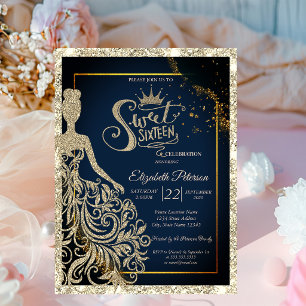Convite Vestido Lantejoulas, Tiara Azul Marinho Dourado La