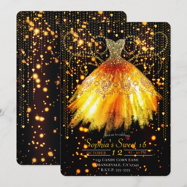 Convite Vestido Laranja Outonal Preto com Glitter Dourado  (Frente/Verso)