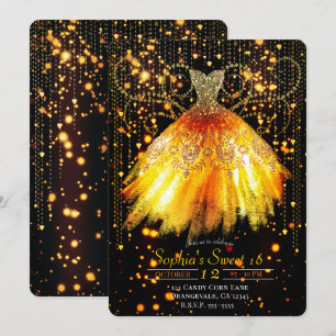 Convite Vestido Laranja Outonal Preto com Glitter Dourado 
