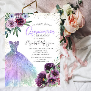Convite Vestido Legal, Flores Violeta Confete Quinceañera 