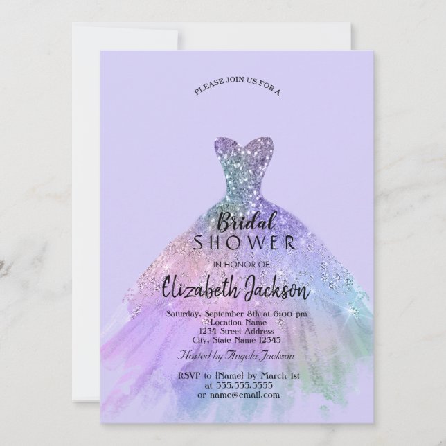 Convite Vestido Lindo com Brilho Lavanda para Chá de Noiva (Frente)