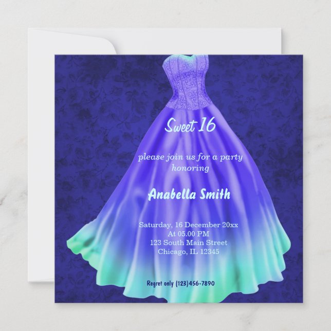 Convite Vestido longo Doce 16 (Azul) (Frente)