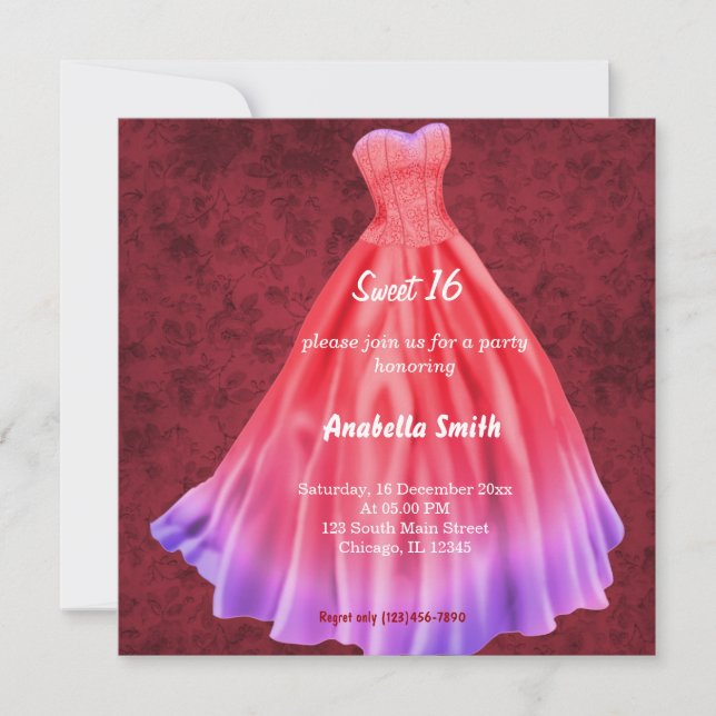 Convite Vestido longo Doce 16 (Vermelho) (Frente)
