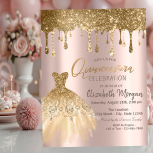 Convite Vestido Luxuoso com Pingentes Dourados Quinceañera