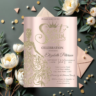Convite Vestido Luxuoso Dourado Brilho Rosa Dourado Sweet 
