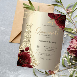 Convite Vestido Luxuoso Elegante Rosas Vermelhas Quinceañe