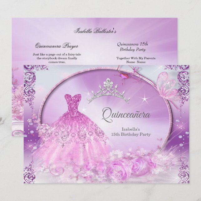 Convite Vestido Mágico Quinceanera Princesa Roxa (Frente/Verso)