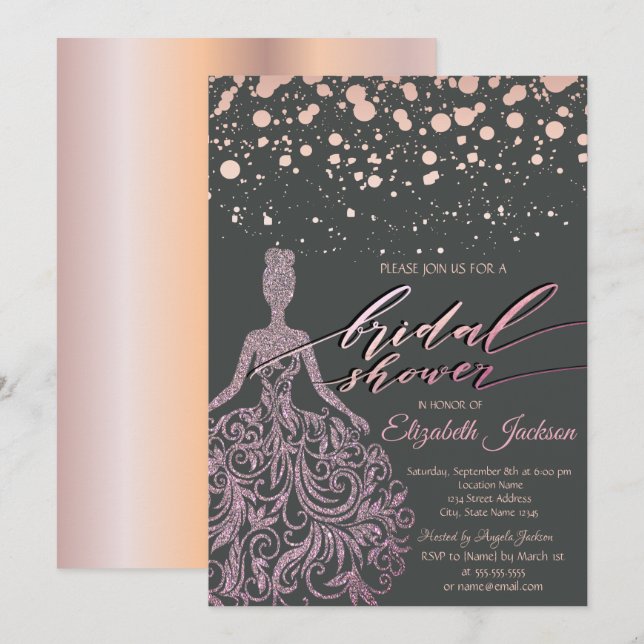 Convite Vestido Moderno com Glitter Dourado Rosa Pontos Ch (Frente/Verso)