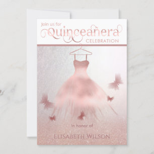 Convite Vestido mural de ouro rosa moderno Quinceañera