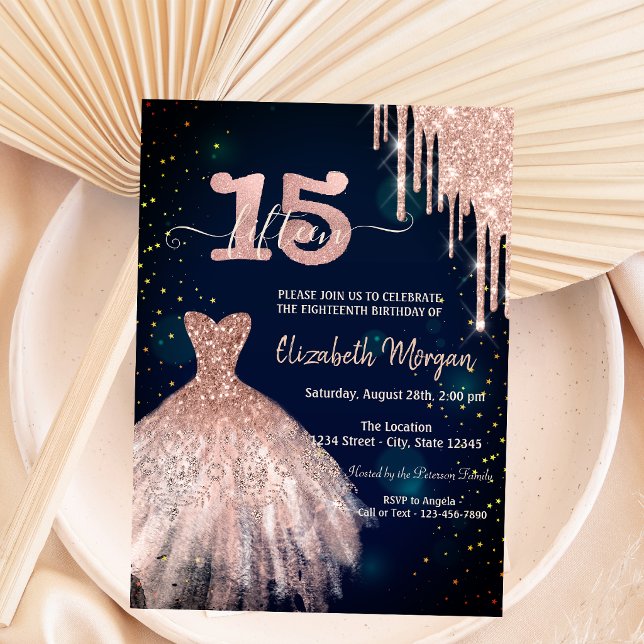 Convite Vestido Navy Blue com Gotas de Brilho Stylish 15th (Criador carregado)