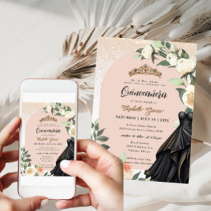 Convite Vestido Negro Dourado Branco Quinceanera Aniversár