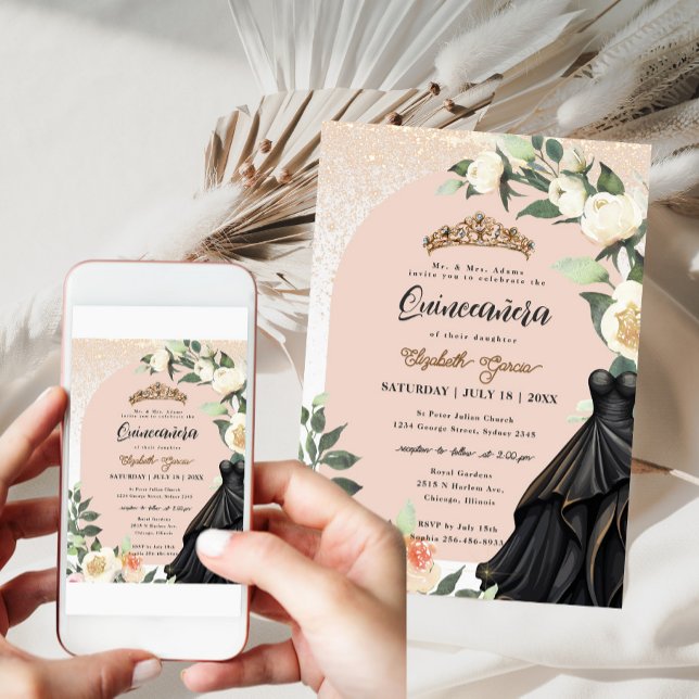 Convite Vestido Negro Dourado Branco Quinceanera Aniversár (Criador carregado)