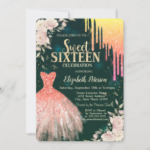 Convite Vestido Ombre Glitter Drips,Floral Verde Sweet 16