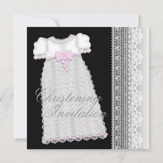 Convite Vestido Pérolas Bebê Menina Rosa Preto Batizado (Frente)