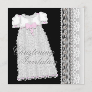 Convite Vestido Pérolas Bebê Menina Rosa Preto Batizado