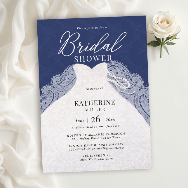 Convite Vestido Pérolas de Renda Azul Marinho Chuveiro de  (lace bridal shower theme navy blue white elegant dress pearls modern calligraphy classy chic)