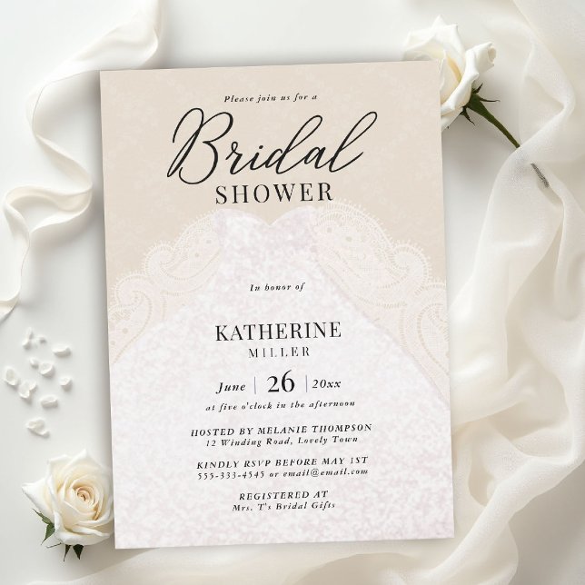 Convite Vestido Pérolas de Renda Ecru Bege Elegante Chá de (lace bridal shower theme ecru beige white elegant dress pearls modern calligraphy classy invitation)