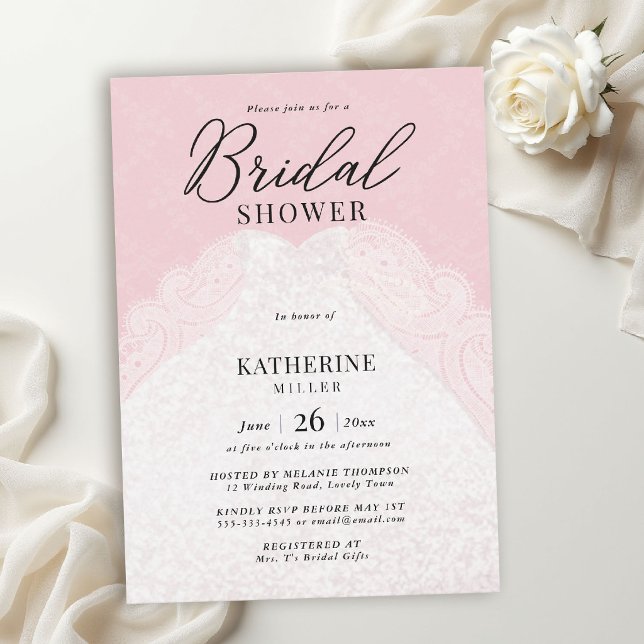 Convite Vestido Pérolas de Renda Rosa Elegante Chá de Noiv (lace bridal shower theme blush pink white elegant dress pearls modern calligraphy classy invitation)