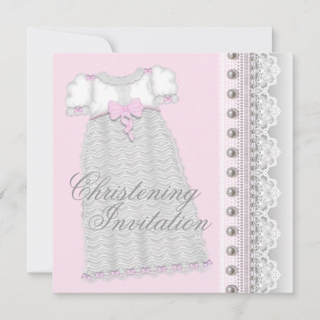 Convite Vestido Pérolas Prateadas Menina Bebê Rosa Batizad (Frente)
