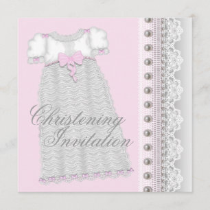 Convite Vestido Pérolas Prateadas Menina Bebê Rosa Batizad
