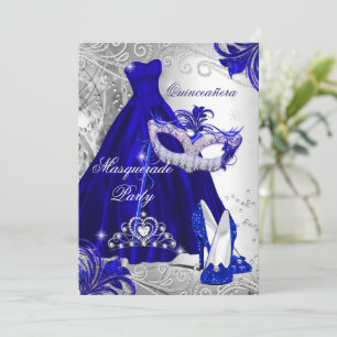 Convite Vestido Prata Azul máscara Quinceanera Tiara