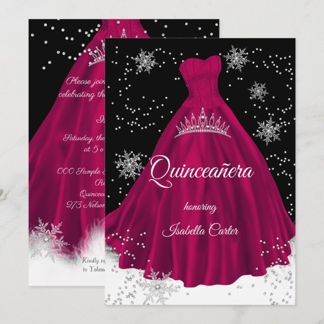 Convite Vestido Prata com flocos de neve rosa Borgonha par (Frente/Verso)