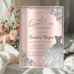 Convite Vestido Prata Tiara, Diamantes Rosa Dourado Quince