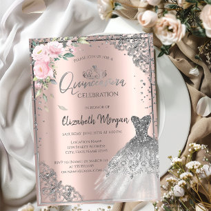 Convite Vestido Prata Tiara, Flores Rosa Dourado Quinceañe