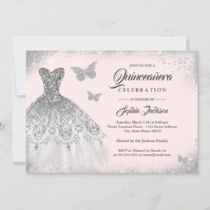 Convite Vestido Prateado Brilho Rosa Quinceanera Borboleta