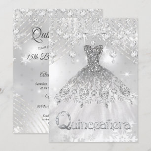 Convite Vestido Prateado com Lantejoulas de Quinze Anos Fe