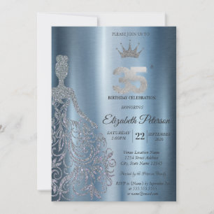 Convite Vestido Prateado com Lantejoulas, Diamantes Aniver