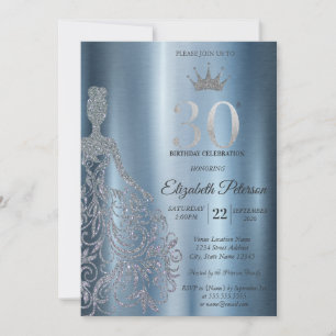 Convite Vestido Prateado com Lantejoulas, Diamantes Aniver
