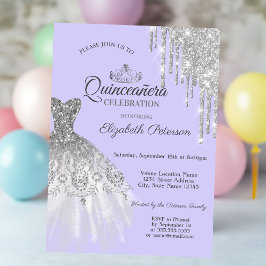 Convite Vestido Prateado com Lantejoulas, Gotas  Quinceañe