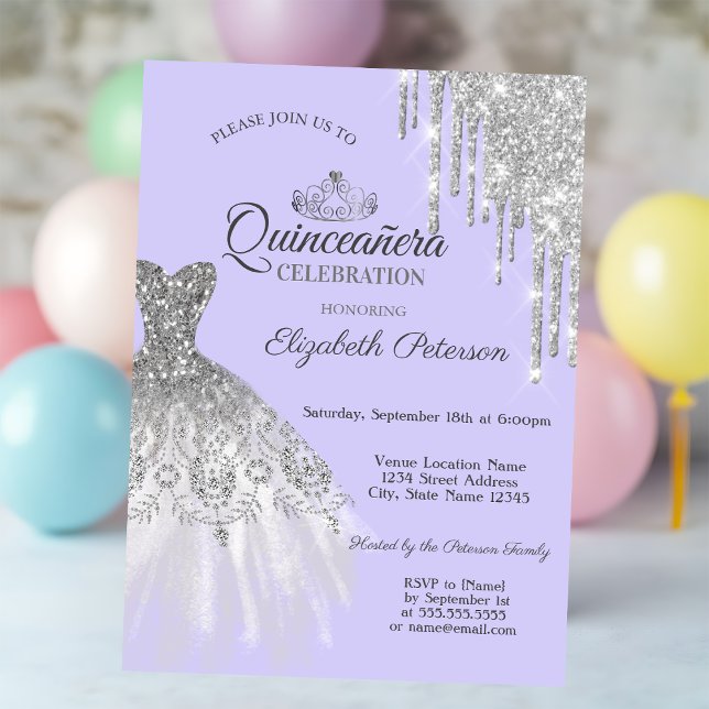 Convite Vestido Prateado com Lantejoulas, Gotas  Quinceañe (Criador carregado)