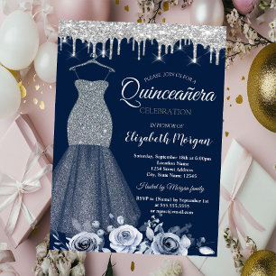 Convite Vestido Prateado com Lantejoulas, Gotas Rosas Quin