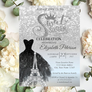 Convite Vestido Preto Bokeh Prata Torre Eiffel Sweet 16