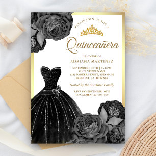Convite Vestido Preto Brilhante Rosas Cinza Dourado Quince