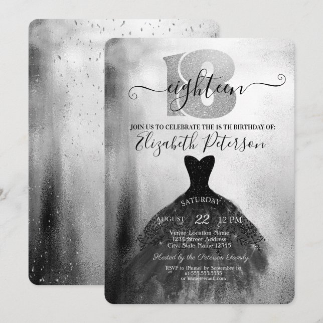 Convite Vestido Preto Chic Prata Confetti 18º Aniversário (Frente/Verso)